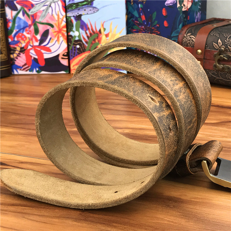 Yellow Brown / 95 cm Men's Brass Buckle Leather Belt - Monkey King Design - skyjackerz