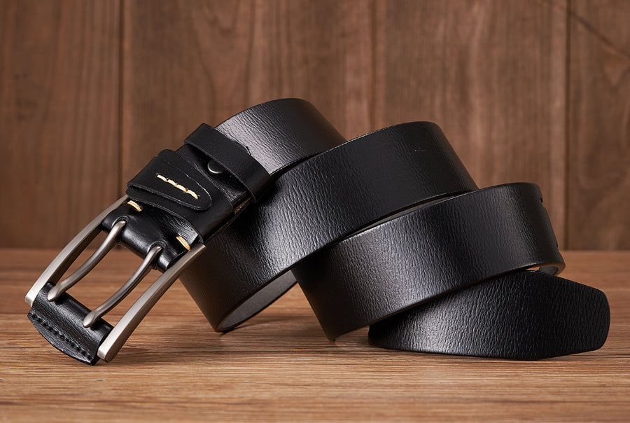 Black - 3.8 cm / 105 cm Men's Fancy Leather Belt with Double Pin Buckle - skyjackerz
