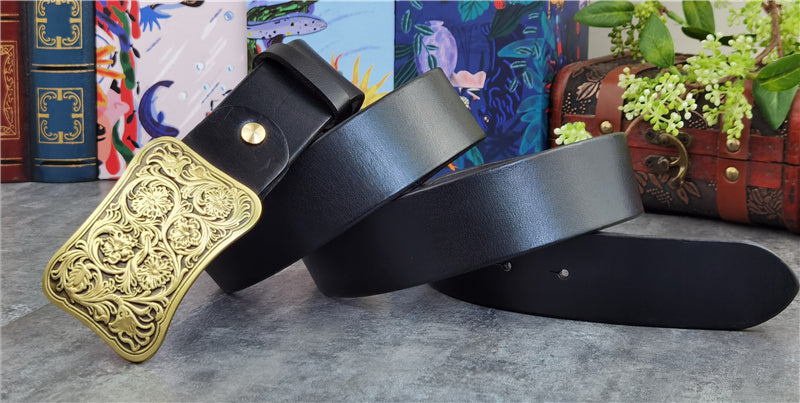 Yellow Brown / 95 cm Luxury Carved Leather Belt for Men - Floral Design - skyjackerz