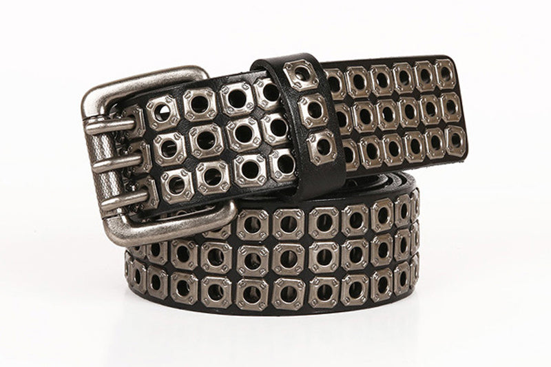 Black / 100 cm Men's Heavy Metal Cowboy Punk Leather Belt - skyjackerz