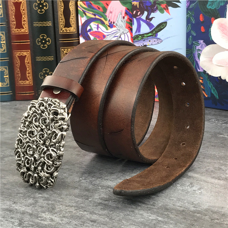 Brown / 95 cm Men's Retro Snake Buckle Thick Leather Belt - skyjackerz