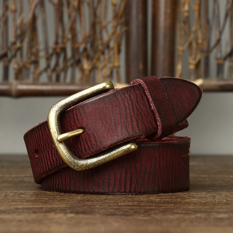 Black / 105 cm Men's Stylish Brass Buckle Leather Waistband - skyjackerz