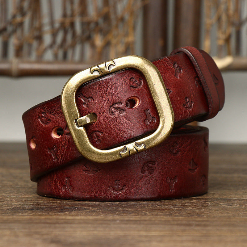 Brown / 105 cm Men's Embossed Designer Genuine Leather Belt - skyjackerz