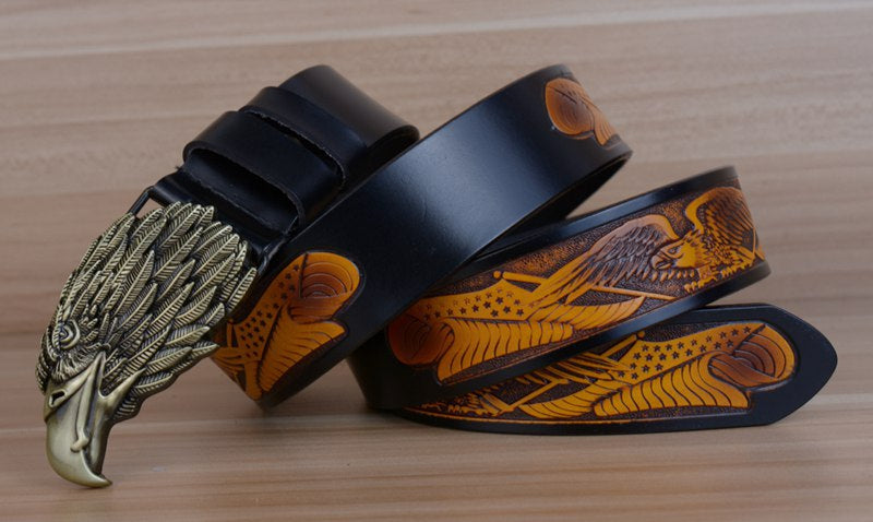 Style 1 - Black / 100 cm Designer Vintage Leather Belt for Men - Eagle Design - skyjackerz