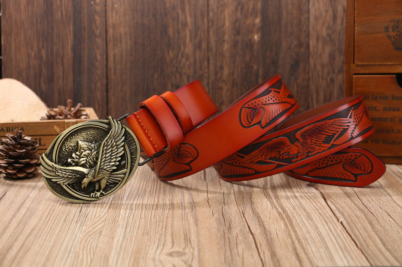Eagle Buckle - Bronze / Black / 105 cm Men's Eagle Embossed Leather Belt - skyjackerz