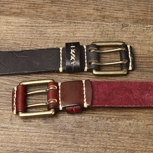 Brown / 105 cm Men's Exquisite Brass Buckle Leather Belt - skyjackerz