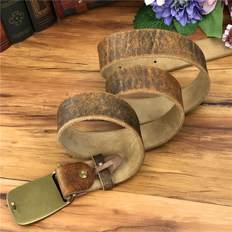 Yellow Brown / 95 cm Men's Brass Buckle Leather Belt - Monkey King Design - skyjackerz