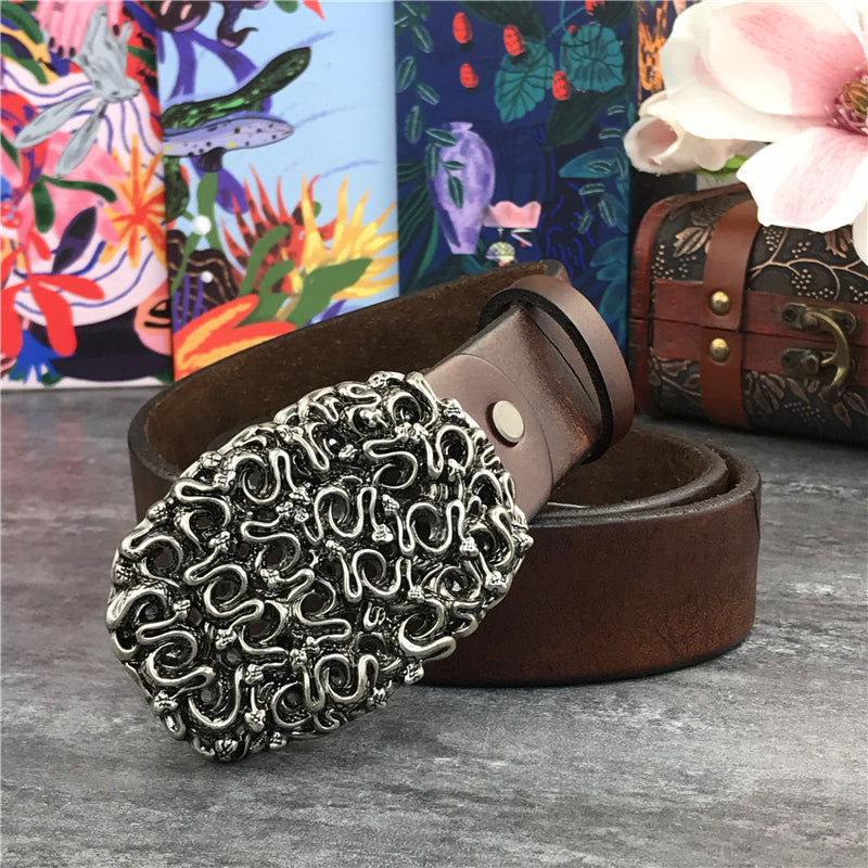 Brown / 95 cm Men's Retro Snake Buckle Thick Leather Belt - skyjackerz