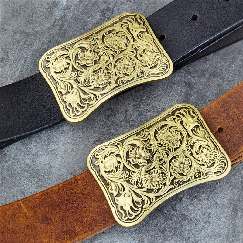 Yellow Brown / 95 cm Luxury Carved Leather Belt for Men - Floral Design - skyjackerz