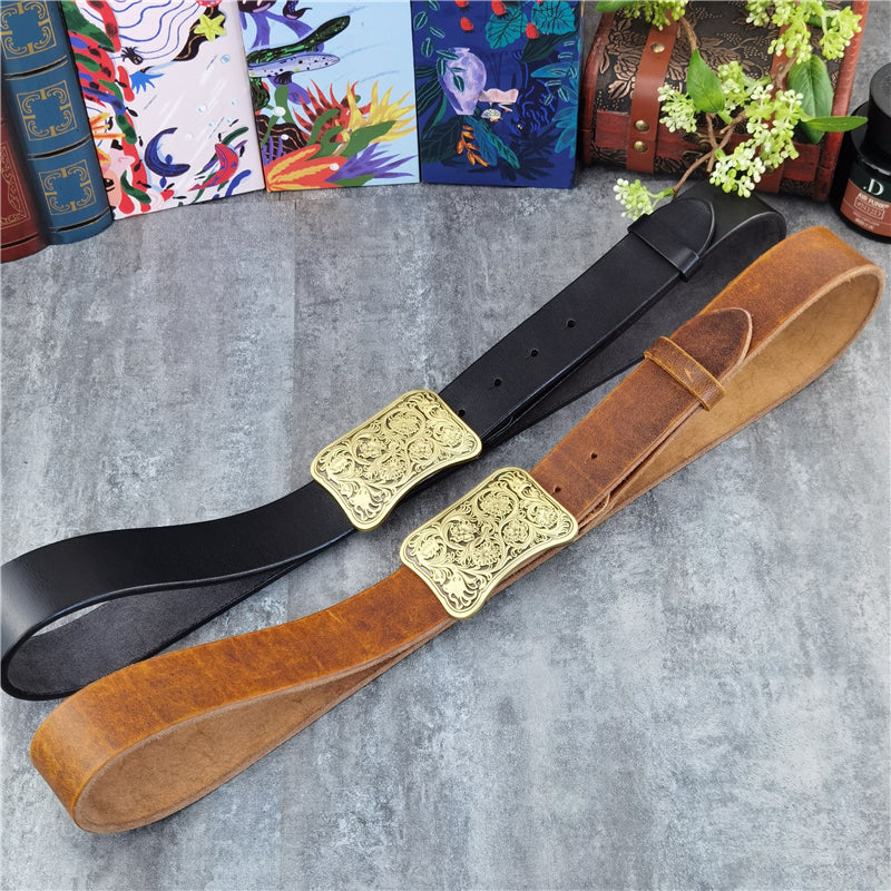 Yellow Brown / 95 cm Luxury Carved Leather Belt for Men - Floral Design - skyjackerz