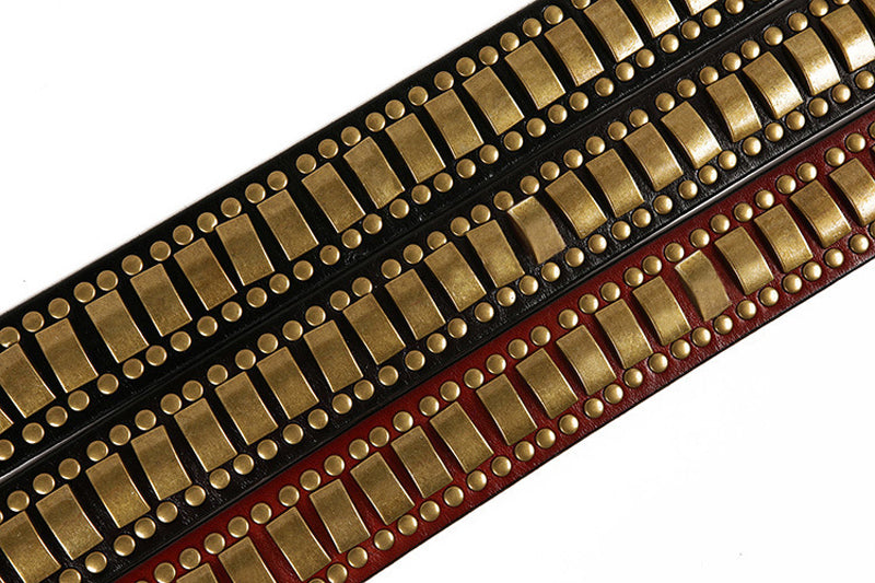 Black / 105 cm Men's Studded Genuine Leather Belt with Rivets - skyjackerz