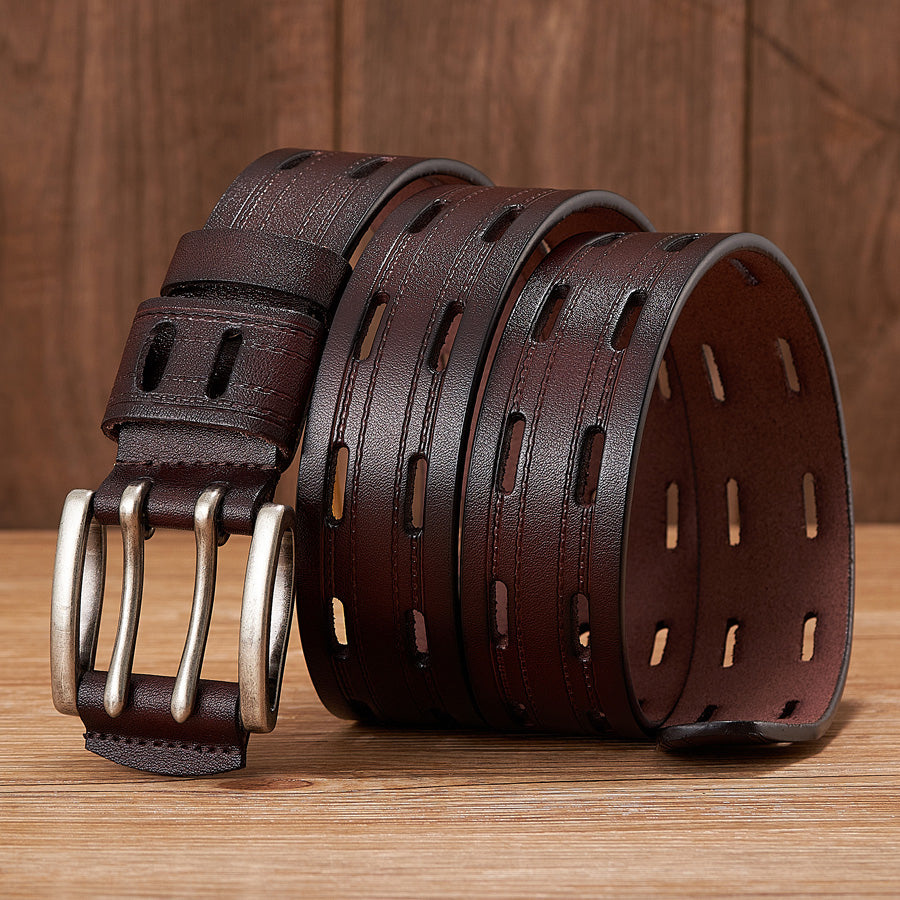 Black - 3.8 cm / 105 cm Men's Fancy Leather Belt with Double Pin Buckle - skyjackerz