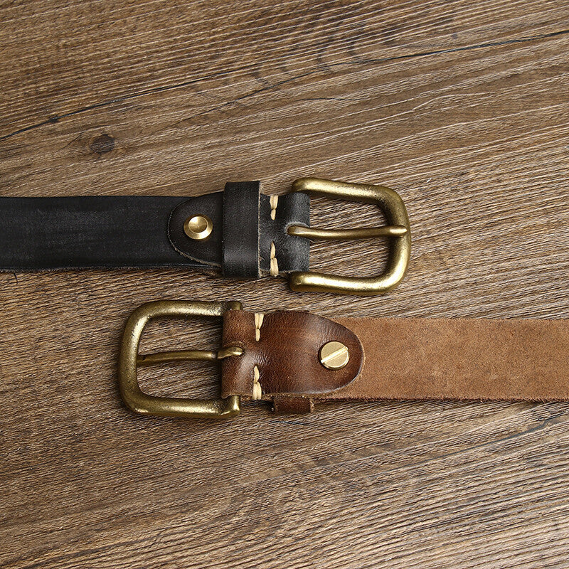 Black / 105 cm Men's Stylish Brass Buckle Leather Waistband - skyjackerz