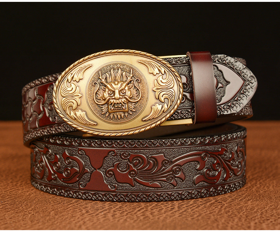 Gold - Coffee / 110 cm Men's Luxury Belt with Chinese Dragon Totem Buckle - skyjackerz