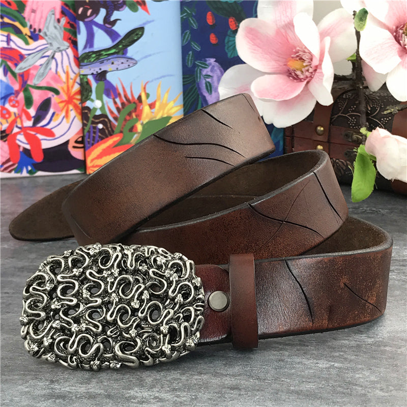 Brown / 95 cm Men's Retro Snake Buckle Thick Leather Belt - skyjackerz