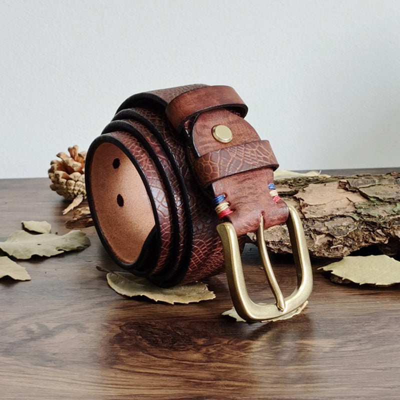 Red Brown / 100 cm Men's Serpentine Strap Pin Buckle Leather Belt - skyjackerz