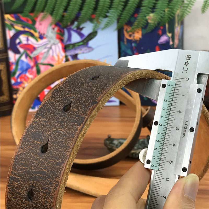 Yellow Brown / 95 cm Men's Brass Buckle Leather Belt - Monkey King Design - skyjackerz