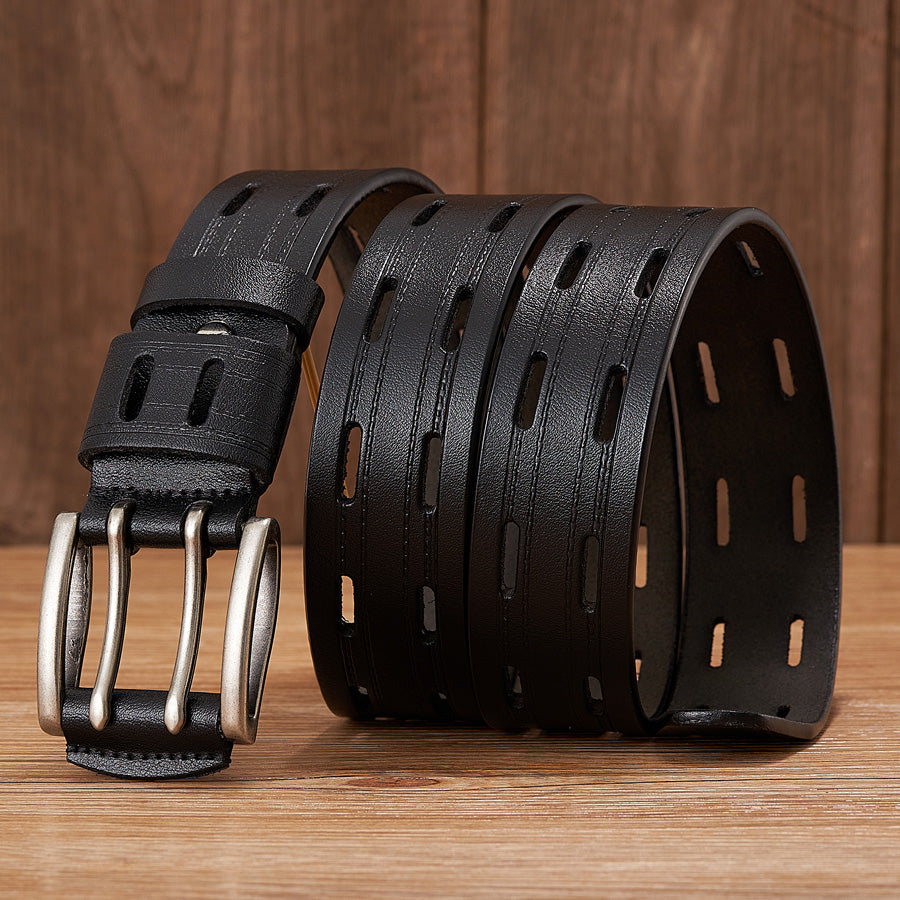 Black - 3.8 cm / 105 cm Men's Fancy Leather Belt with Double Pin Buckle - skyjackerz