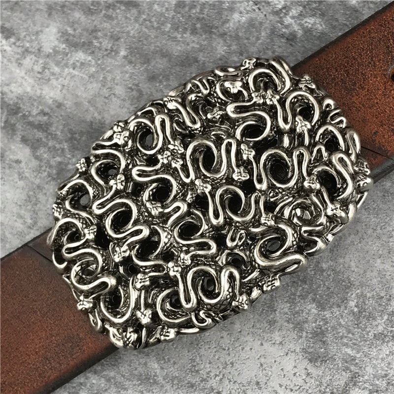 Brown / 95 cm Men's Retro Snake Buckle Thick Leather Belt - skyjackerz
