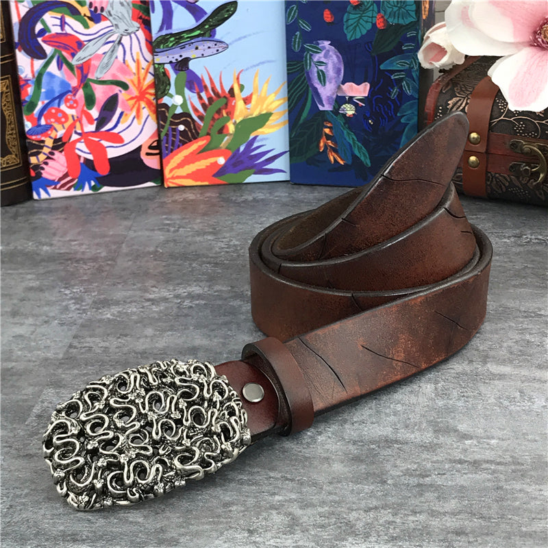 Brown / 95 cm Men's Retro Snake Buckle Thick Leather Belt - skyjackerz