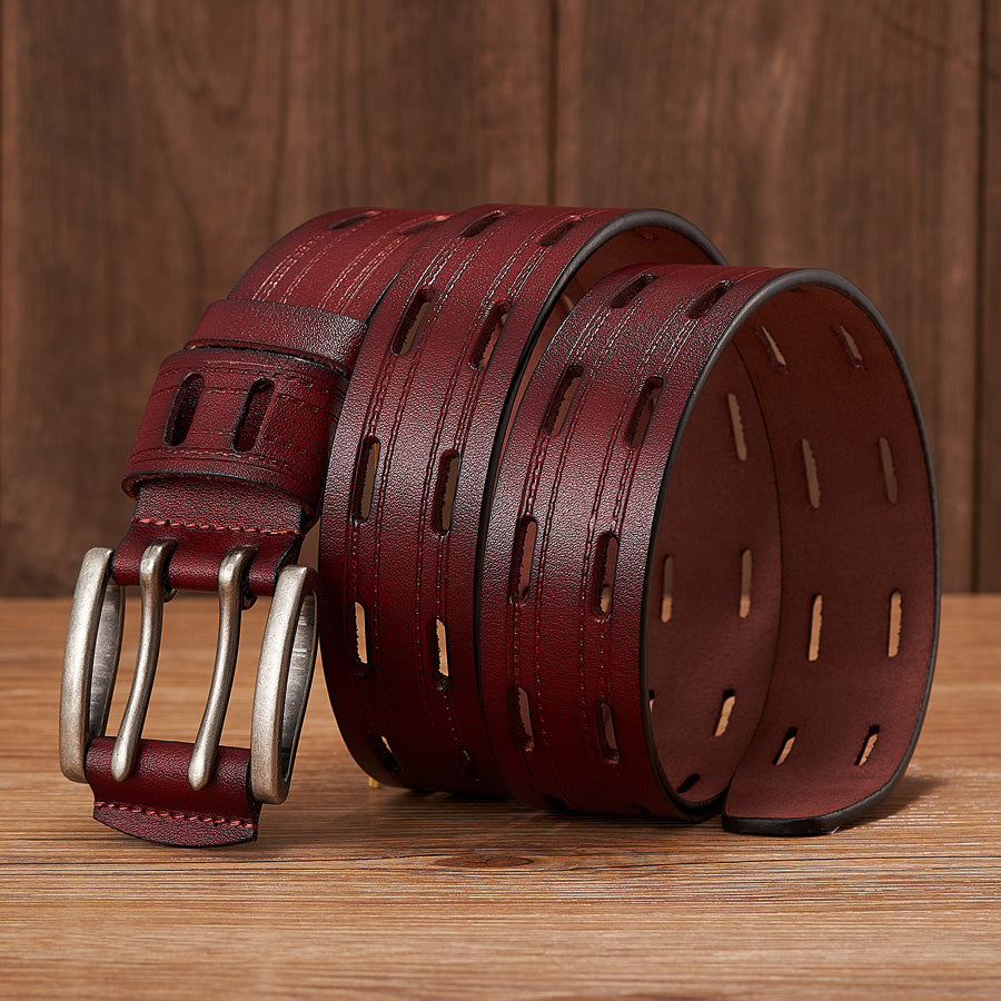 Black - 3.8 cm / 105 cm Men's Fancy Leather Belt with Double Pin Buckle - skyjackerz