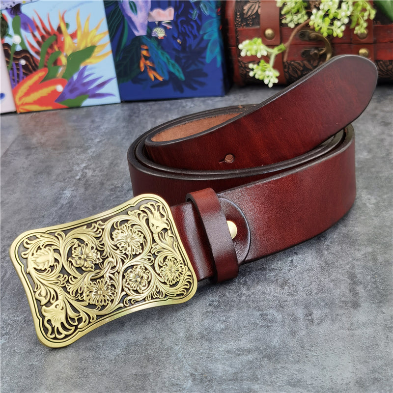 Yellow Brown / 95 cm Luxury Carved Leather Belt for Men - Floral Design - skyjackerz