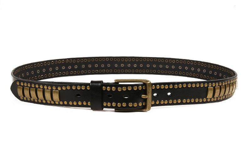 Black / 105 cm Men's Studded Genuine Leather Belt with Rivets - skyjackerz