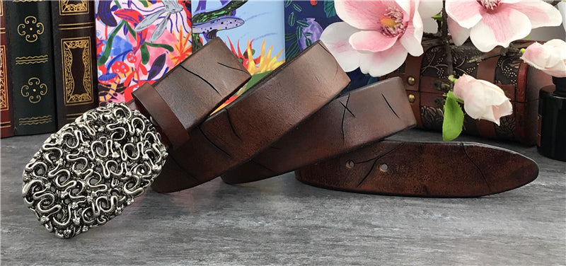 Brown / 95 cm Men's Retro Snake Buckle Thick Leather Belt - skyjackerz