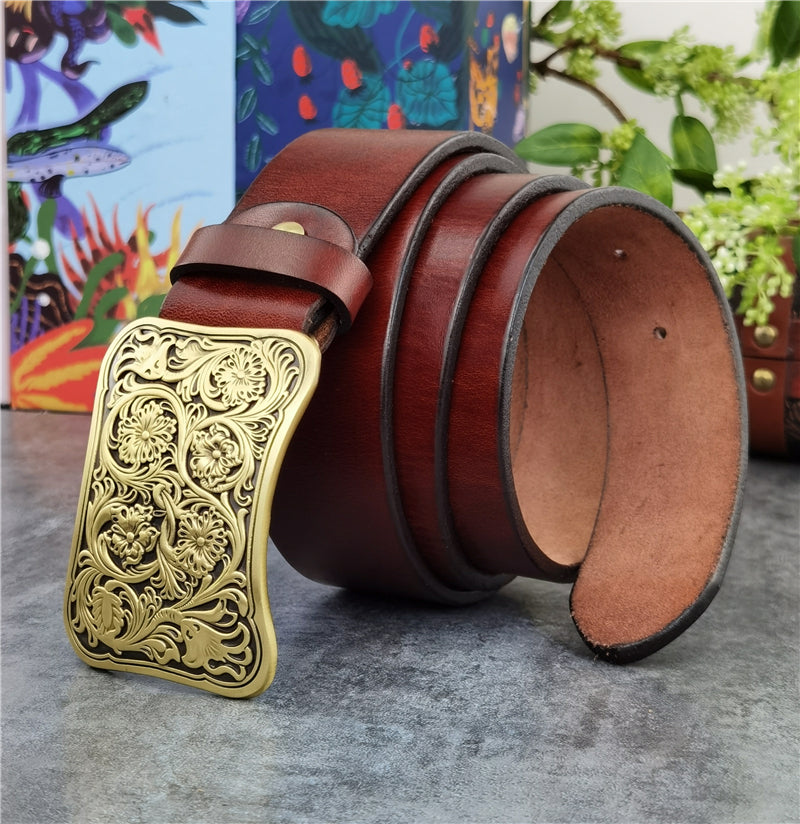 Red Brown / 95 cm Luxury Carved Leather Belt for Men - Floral Design - skyjackerz