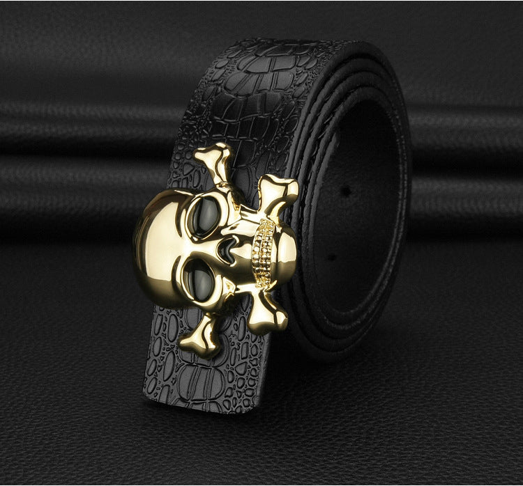 Gold - Black / 105 cm Men's Designer Skull Buckle Genuine Leather Belt - skyjackerz