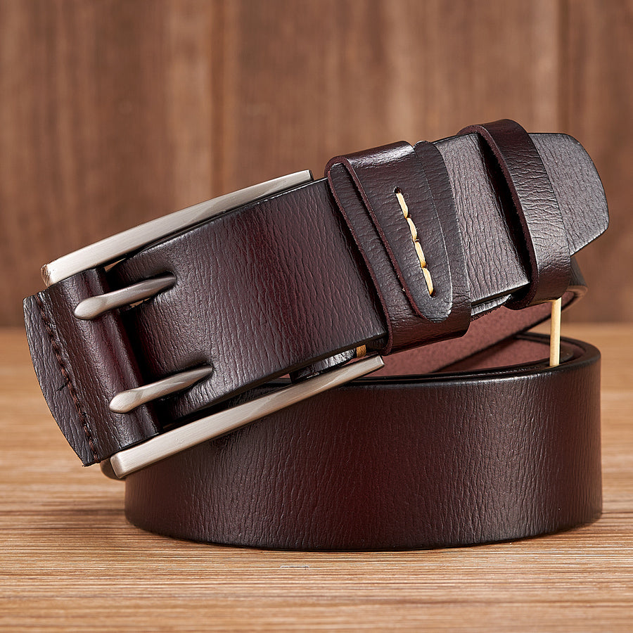 Black - 3.8 cm / 105 cm Men's Fancy Leather Belt with Double Pin Buckle - skyjackerz