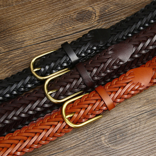 Black / 100 cm Men's Designer Woven Leather Belt - skyjackerz