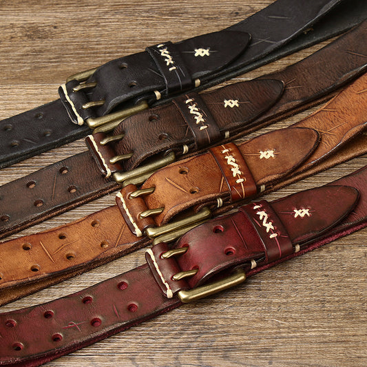 Brown / 105 cm Men's Exquisite Brass Buckle Leather Belt - skyjackerz