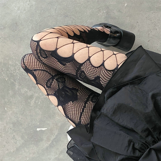 Black / One-Size Lolita Mesh Tights with Pattern - skyjackerz