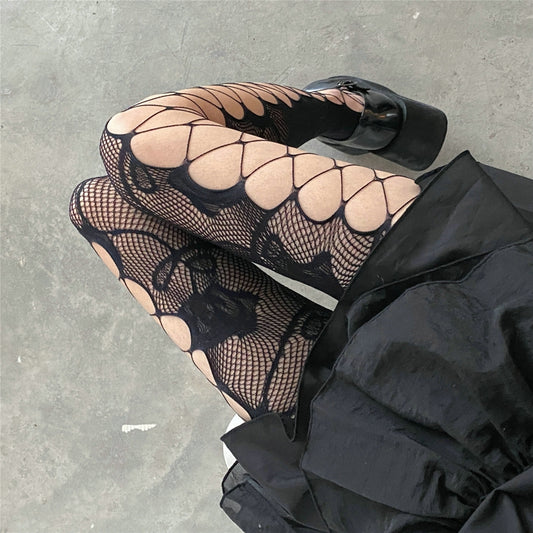 Black / One-Size Lolita Mesh Tights with Pattern - skyjackerz