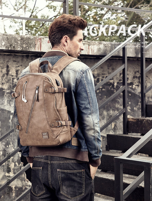 Khaki Men's Leather Waterproof Laptop Backpack - skyjackerz