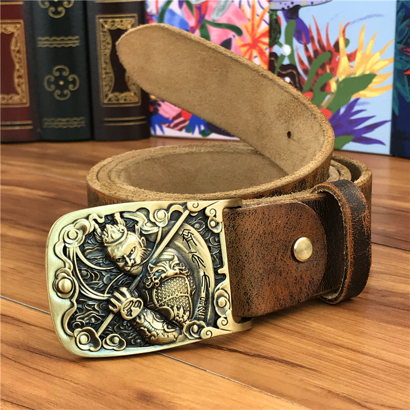 Yellow Brown / 95 cm Men's Brass Buckle Leather Belt - Monkey King Design - skyjackerz