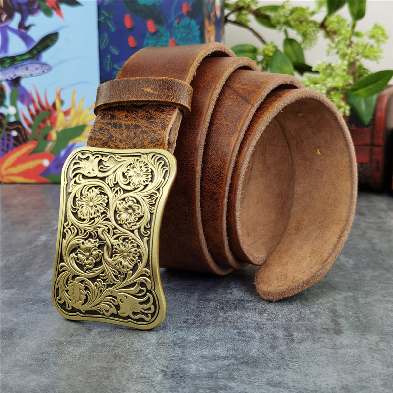 Yellow Brown / 95 cm Luxury Carved Leather Belt for Men - Floral Design - skyjackerz