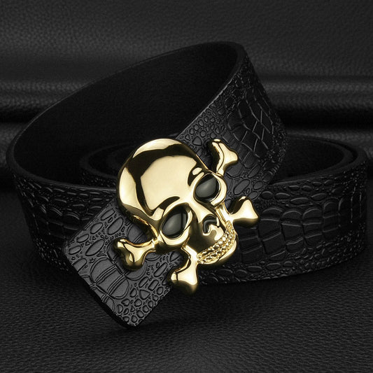Gold - Black / 105 cm Men's Designer Skull Buckle Genuine Leather Belt - skyjackerz