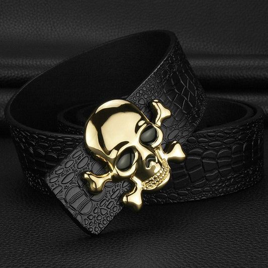 Gold - Black / 105 cm Alloy Skull Smooth Buckle Leather Belt For Men - skyjackerz