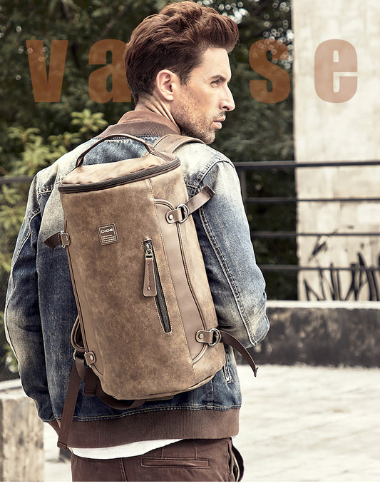 Khaki Men's Leather Waterproof Travel Backpack - skyjackerz