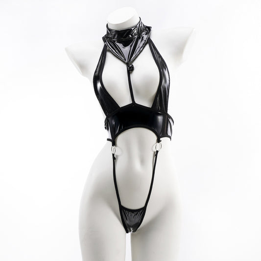 Black / One Size Women's Leather One-Piece Bodysuit - skyjackerz