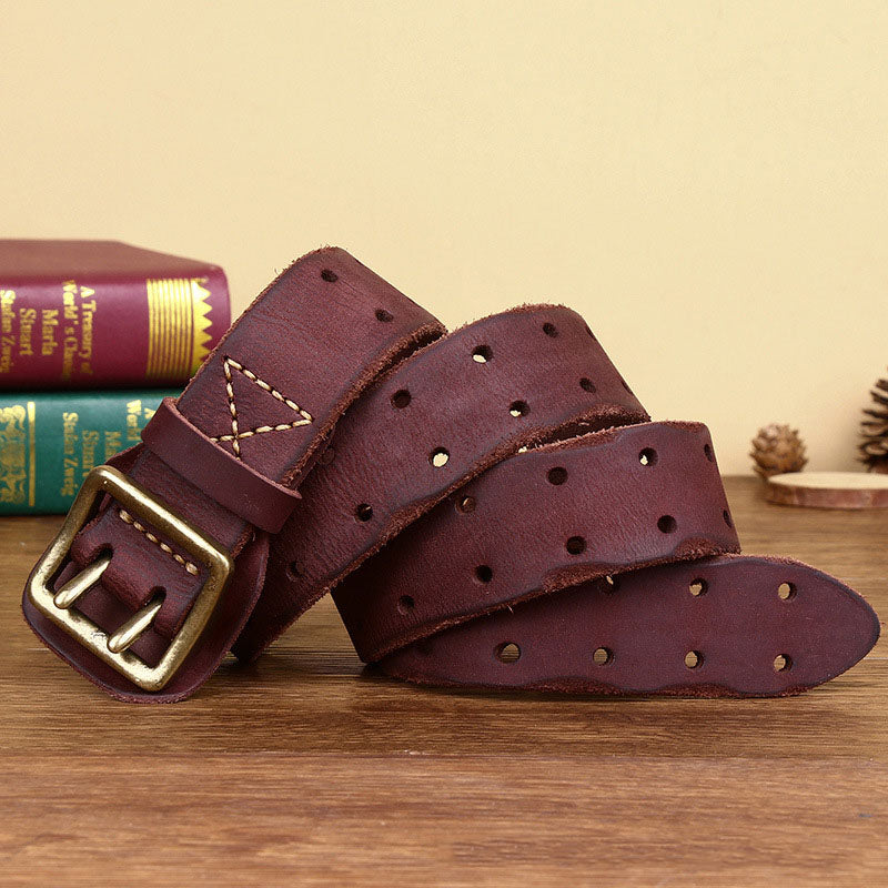 Reddish Brown / 105 cm Men's Distressed Leather Double Pin Belt - skyjackerz