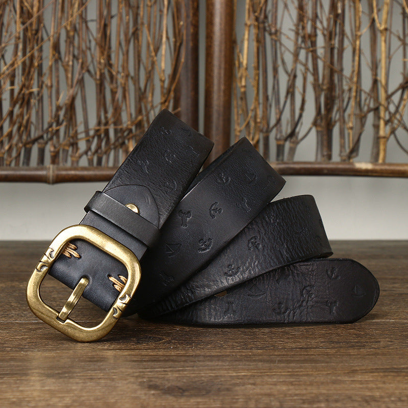 Brown / 105 cm Men's Embossed Designer Genuine Leather Belt - skyjackerz