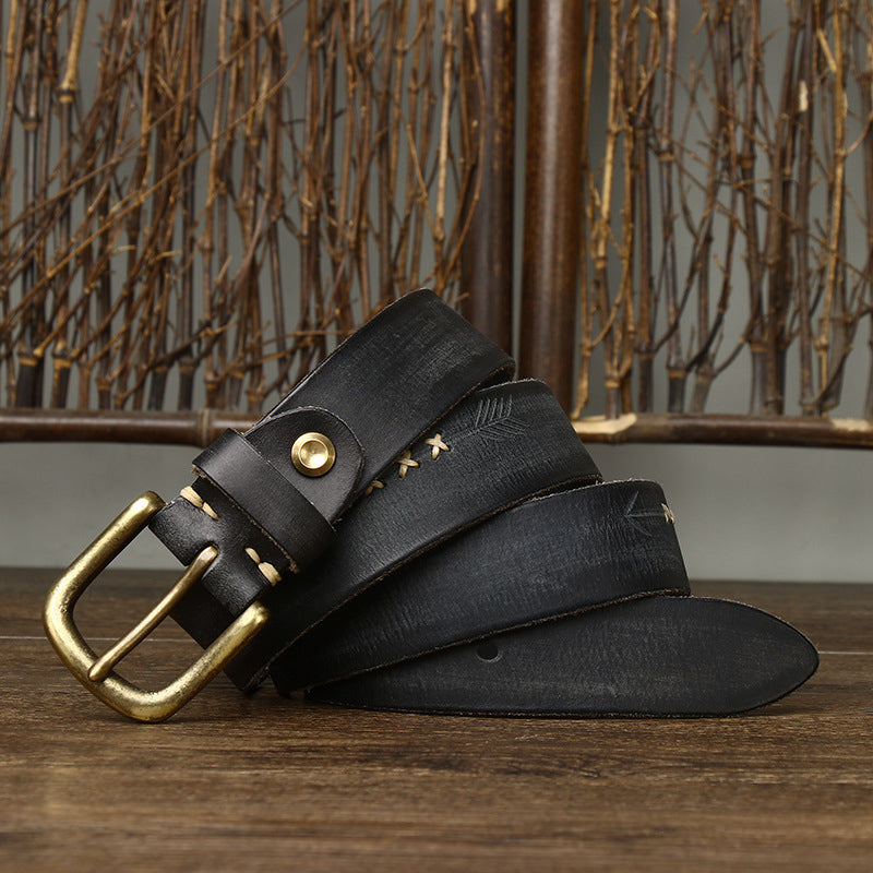 Black / 105 cm Men's Stylish Brass Buckle Leather Waistband - skyjackerz