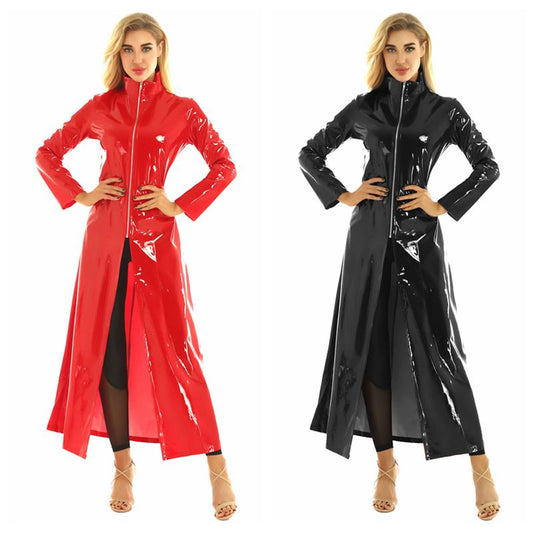 Women's Wet look Long Leather Dress - skyjackerz