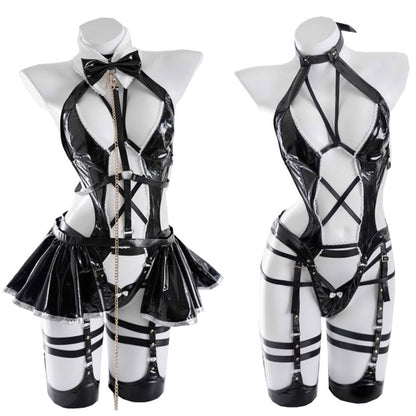Black / One Size Women Cross Strap Bandage Maid Outfit - skyjackerz