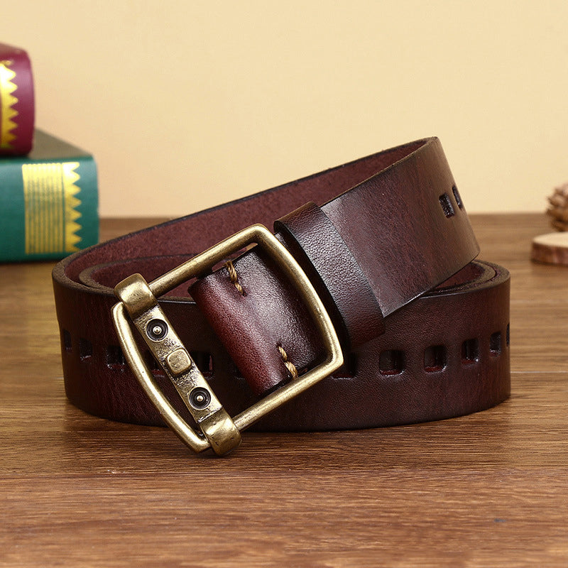 Reddish Brown / 105 cm Men's Vintage Brass Buckle Leather Belt - skyjackerz