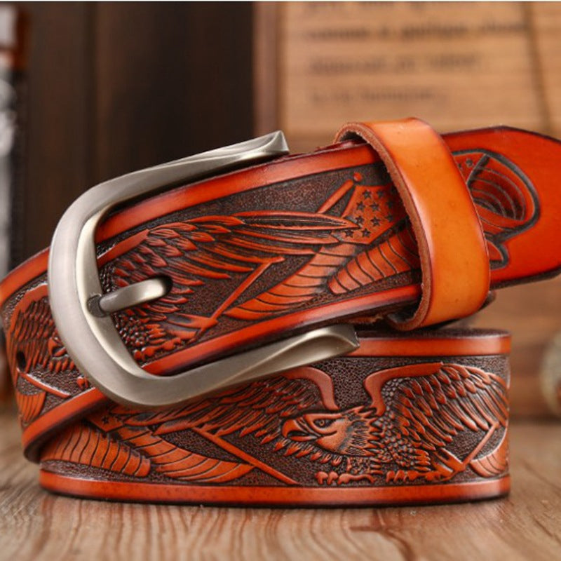 Classic / Red Brown / 115 cm Men's Eagle Embossed Leather Belt - skyjackerz