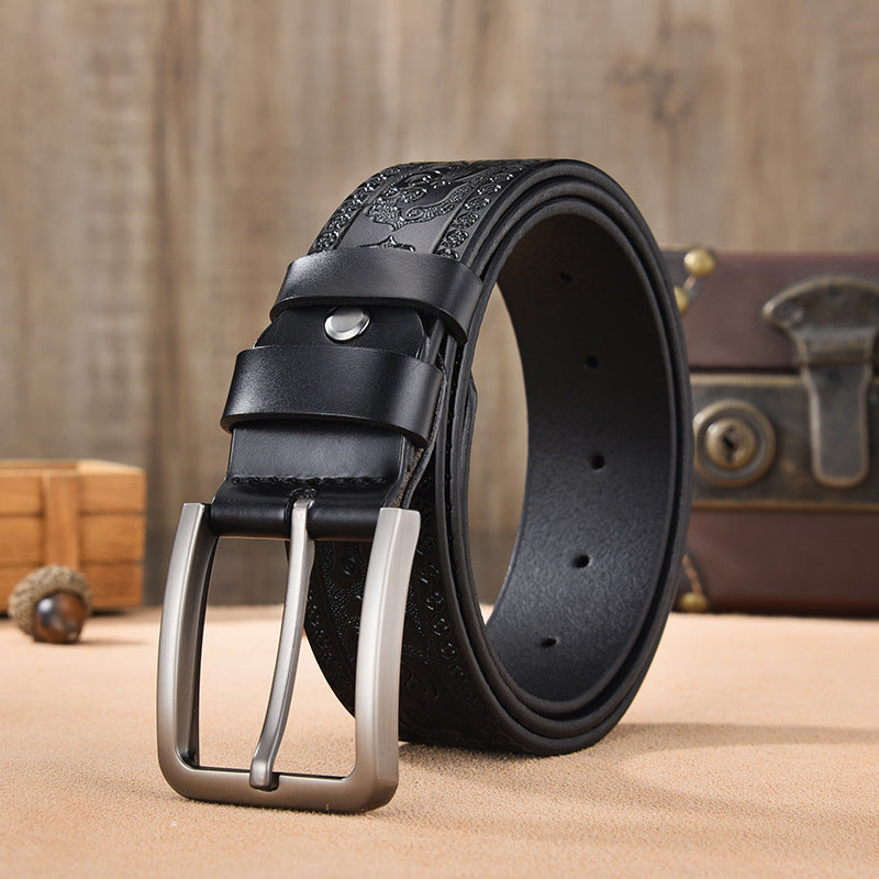 Black / 95 cm Men's Vintage Embossed Leather Belt - skyjackerz